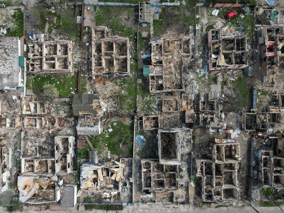 An aerial view shows the destruction to homes in the town of Irpin, outside Kyiv. Photo: Valentyn Ogirenko/Reuters