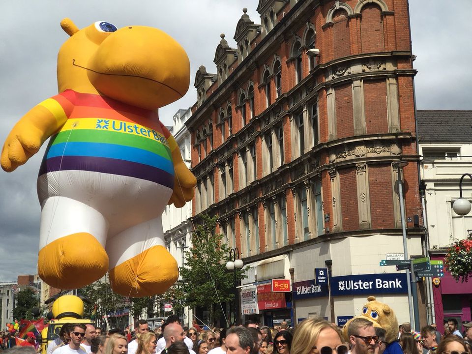 Ulster Bank childrens' savings mascot Henry Hippo at the Dublin Pride Parade.