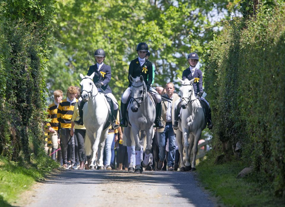 The funeral cortege of Tiggy Hancock is led by members of local pony and horse riding clubs to the Church of the Good Shepherd, Lorum, Co Carlow. Photo: Colin Keegan/Collins