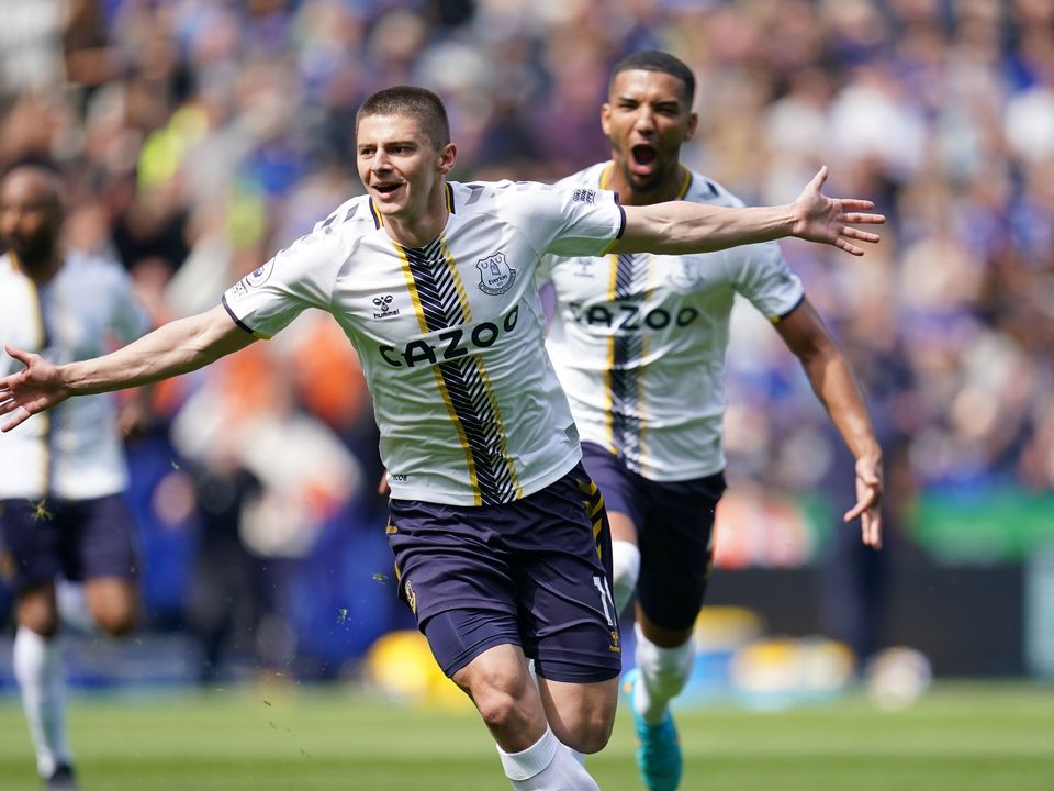 Vitalii Mykolenko’s stunning volley helped move the Toffees out of the bottom three (Nick Potts/PA)