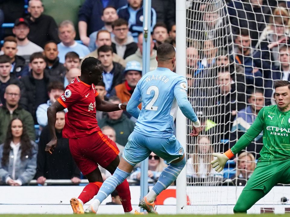 Liverpool’s Sadio Mane scores his side’s second equaliser against Manchester City (Martin Rickett/PA).