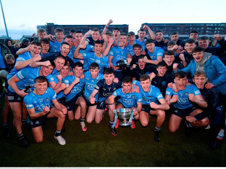 Dublin players celebrate with the cup after the Electric Ireland Leinster MFC final against Kildare at MW Hire O'Moore Park in Portlaoise, Laois. Photo: Stephen McCarthy/Sportsfile