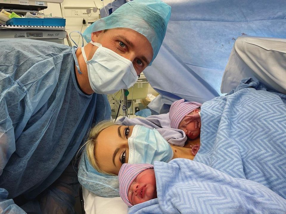 Rosanna Davison and Wesley Quirke and their new identical twins Hugo and Oscar 