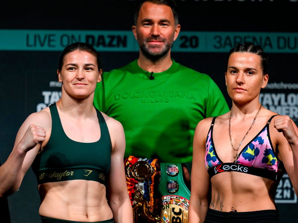 Katie Taylor, left, and Chantelle Cameron face-off during weigh-ins, at Mansion House in Dublin, ahead of their undisputed super-lightweight championship fight, on May 20th at 3Arena in Dublin. Photo by Stephen McCarthy/Sportsfile