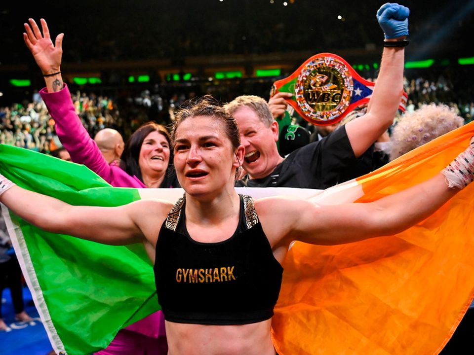 Katie Taylor celebrates victory after her undisputed world lightweight championship fight with Amanda Serrano at Madison Square Garden in New York, USA. Photo by Stephen McCarthy/Sportsfile