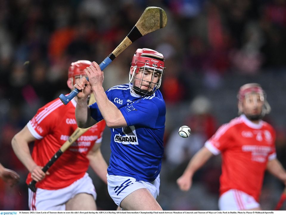 14 January 2023; Liam Lavin of Tooreen shoots to score his side's first goal during the AIB GAA Hurling All-Ireland Intermediate Championship Final match between Monaleen of Limerick and Tooreen of Mayo at Croke Park in Dublin. Photo by Piaras Ó Mídheach/Sportsfile