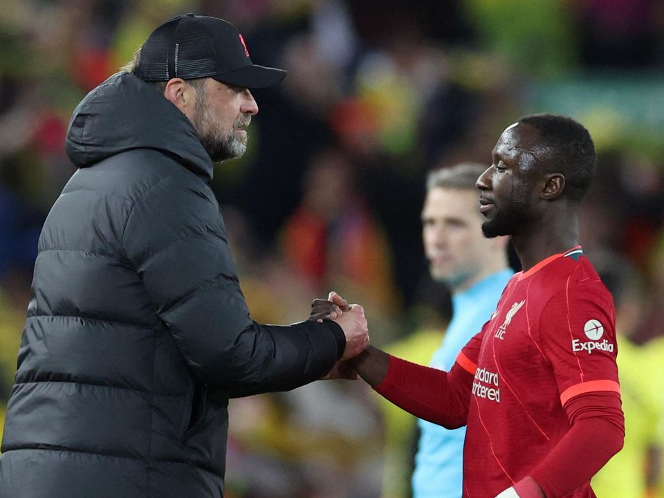 Liverpool manager Juergen Klopp with Naby Keita after the match. Photo: Reuters/Phil Noble