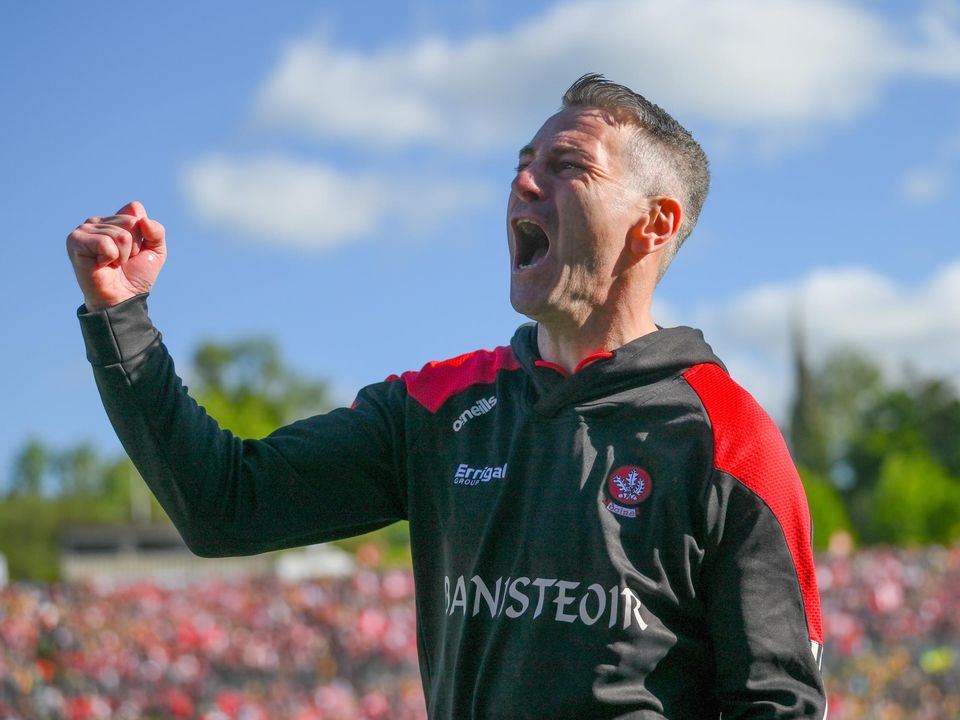 Derry manager Rory Gallagher celebrates a late point in his side's victory over Donegal. Photo: Stephen McCarthy/Sportsfile