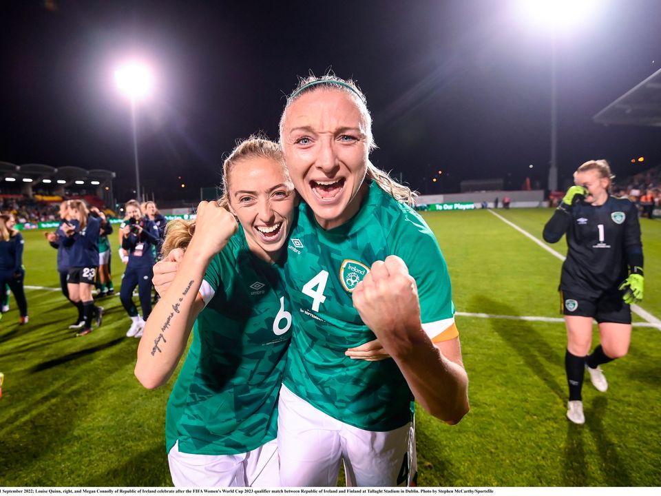  Louise Quinn, right, and Megan Connolly of Republic of Ireland celebrate after the FIFA Women's World Cup 2023 qualifier match between Republic of Ireland and Finland at Tallaght Stadium in Dublin. Photo by Stephen McCarthy/Sportsfile
