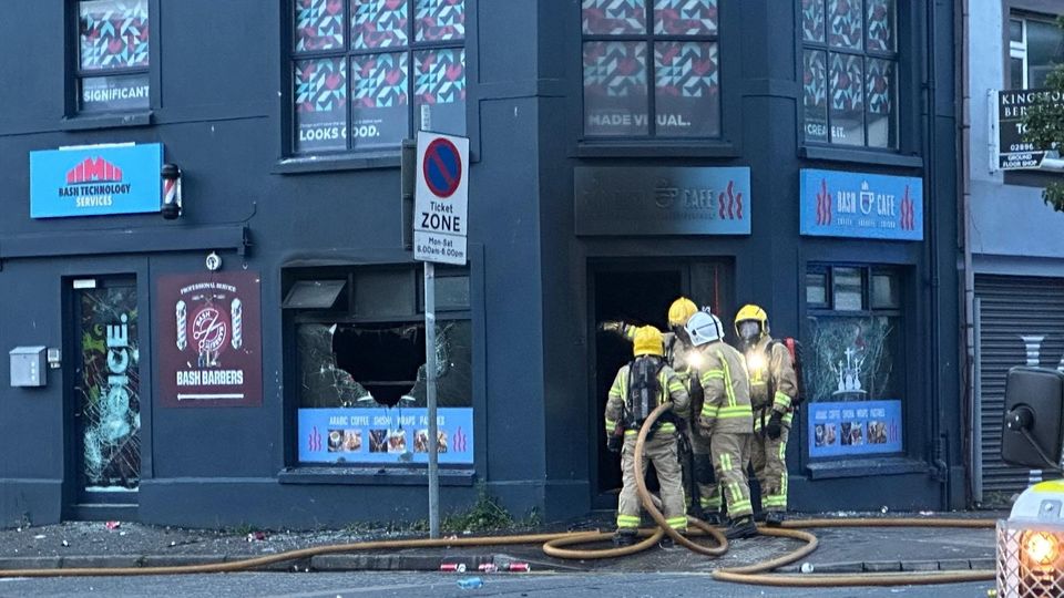 Firefighters at the scene of a building on fire in the Sandy Row and Donegall Road area (Photo: Liam McBurney)