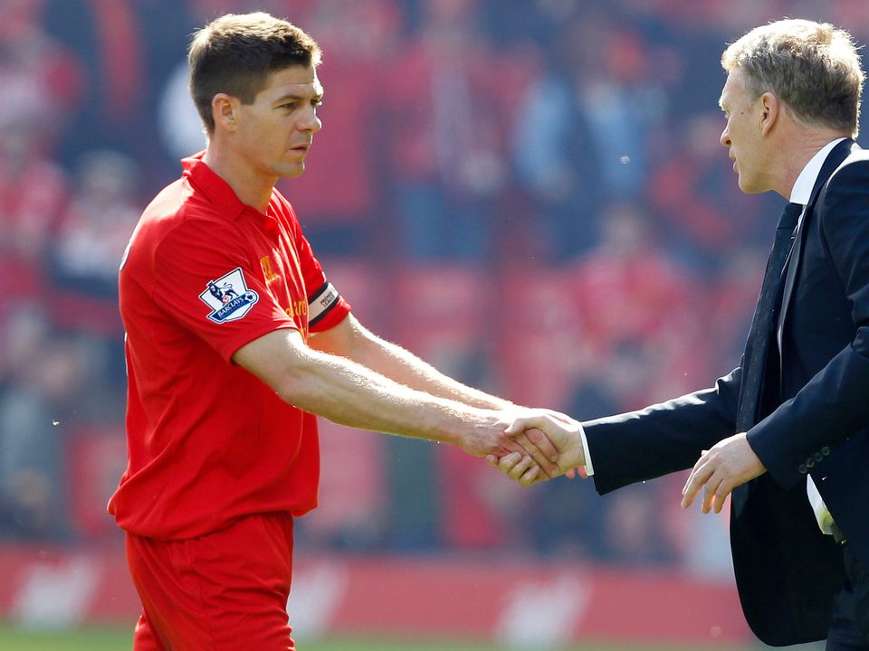 Former Liverpool captain Steven Gerrard, left, faces Ex-Everton boss David Moyes for the first time as a manager this weekend (Peter Byrne/PA)