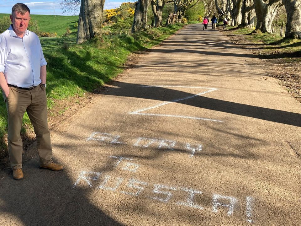 DUP North Antrim Assembly election candidate Mervyn Storey who has condemned pro-Russian graffiti which appeared on the road at the Dark Hedges in Co Antrim, a site made famous across the world after appearing in Game of Thrones. Issue date: Saturday April 23, 2022. (Handout/PA)