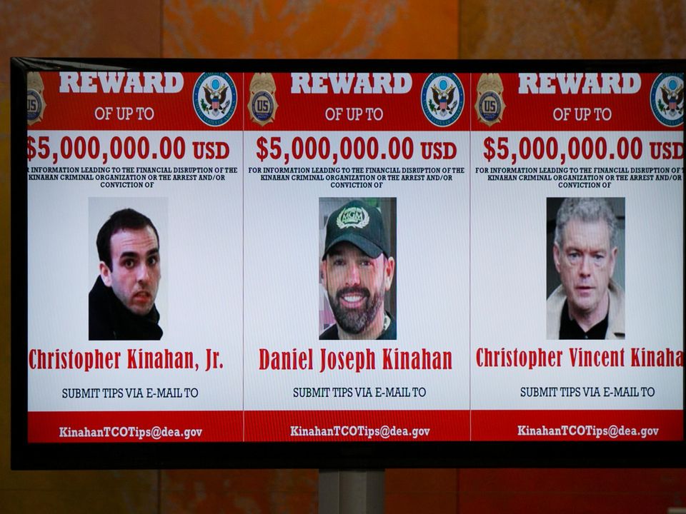 A wanted poster of Christopher Kinahan Jnr , Daniel Kinahan and Christopher Vincent Kinahan