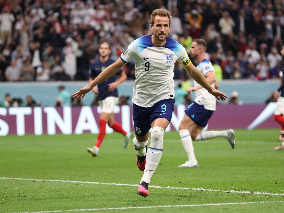 AL KHOR, QATAR - DECEMBER 10: Harry Kane of England celebrates scoring their goal from the penalty spot during the FIFA World Cup Qatar 2022 quarter final match between England and France at Al Bayt Stadium on December 10, 2022 in Al Khor, Qatar. (Photo by Julian Finney/Getty Images)