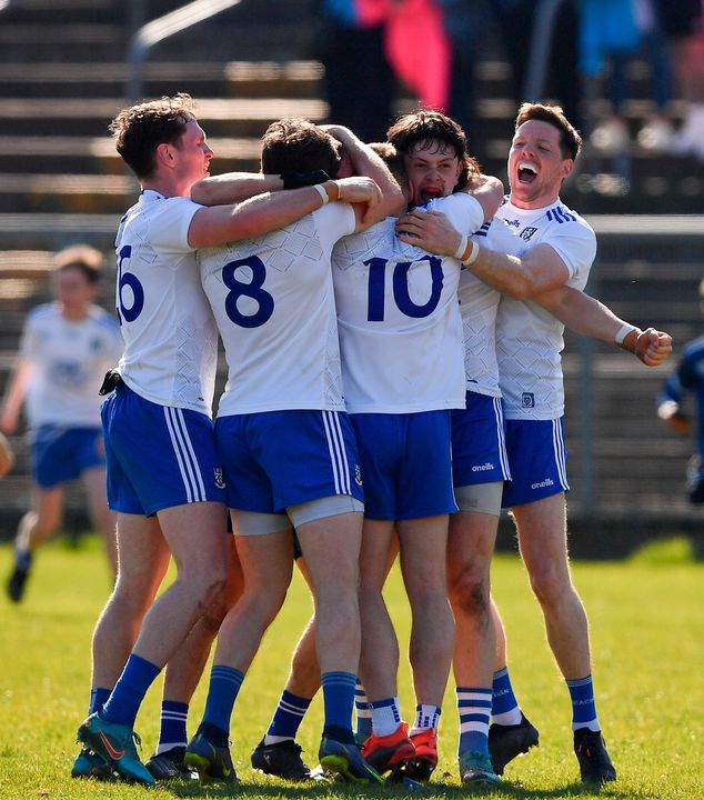 Monaghan players celebrate at the final whistle after their Division 1 victory over Dublin last Sunday. Will we see similar celebrations after the league final between Kerry and Mayo? Photo: Ray McManus/Sportsfile