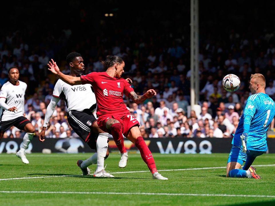 Liverpool's Darwin Nunez scores their side's first goal of the game during the Premier League match at Craven Cottage, London. Photo: PA