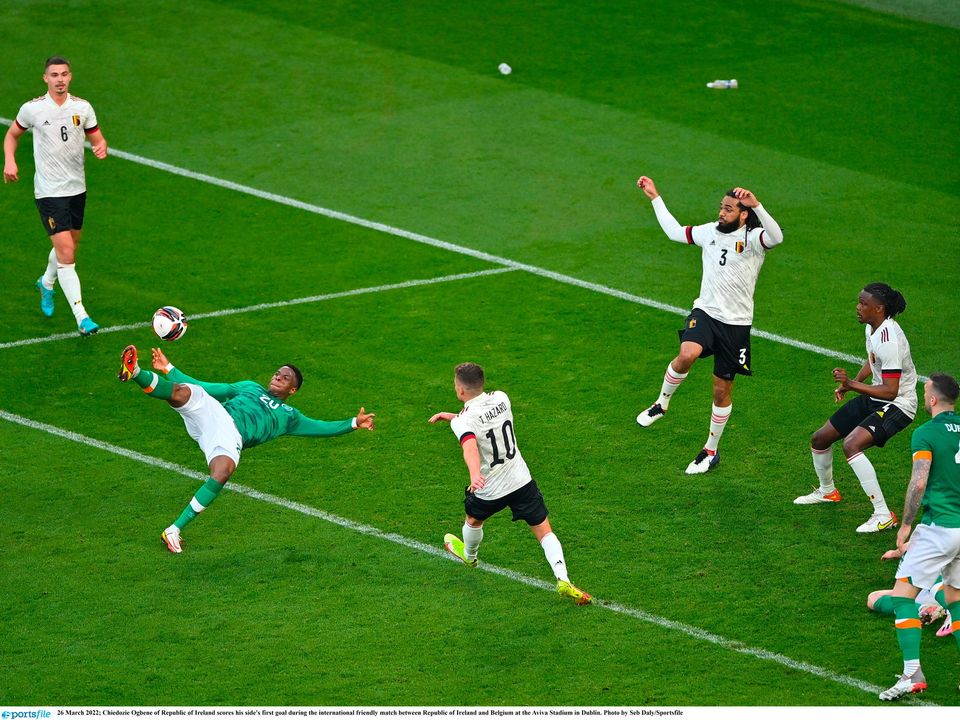 Chiedozie Ogbene scores his goal against Belgium. Photo: Seb Daly/Sportsfile