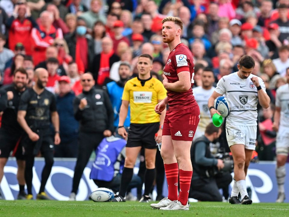 Munster's Ben Healy reacts after missing during the 'place kick competition' to decide the winner of the Heineken Champions Cup quarter-final match between Munster and Toulouse at Aviva Stadium in Dublin. Photo: Brendan Moran/Sportsfile