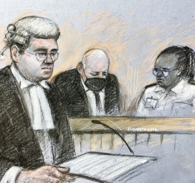 Sketch of prosecutor Tom Little QC speaking as former police officer Wayne Couzens sits in the dock at the Old Bailey in London (Elizabeth Cook/PA)