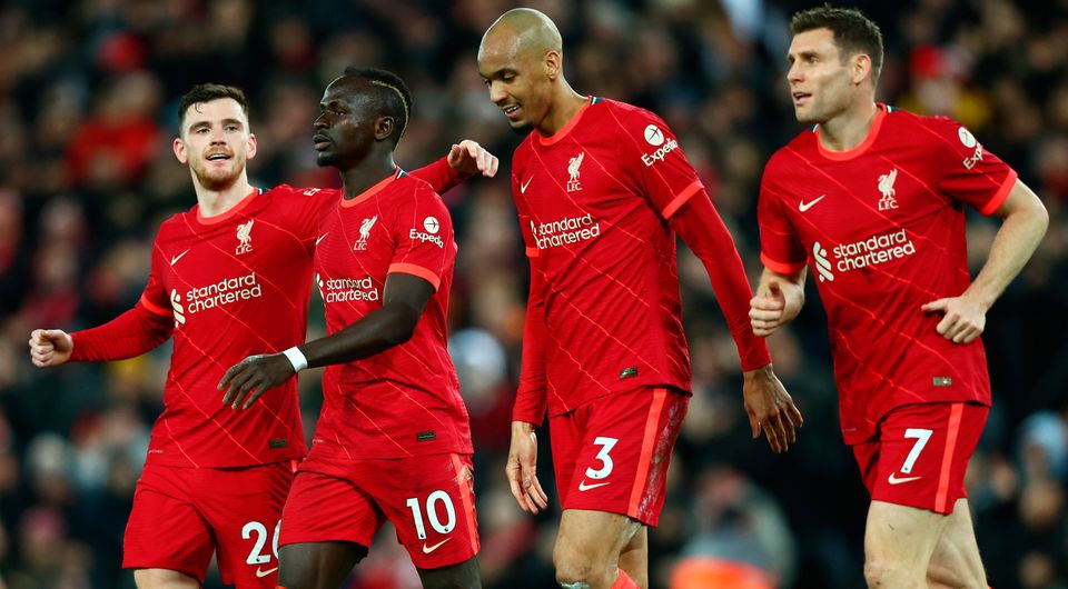 Sadio Mane of Liverpool celebrates with teammates after scoring their team's fourth goal during the Premier League match between Liverpool and Leeds United at Anfield on February 23, 2022 in Liverpool, England. (Photo by Clive Brunskill/Getty Images)