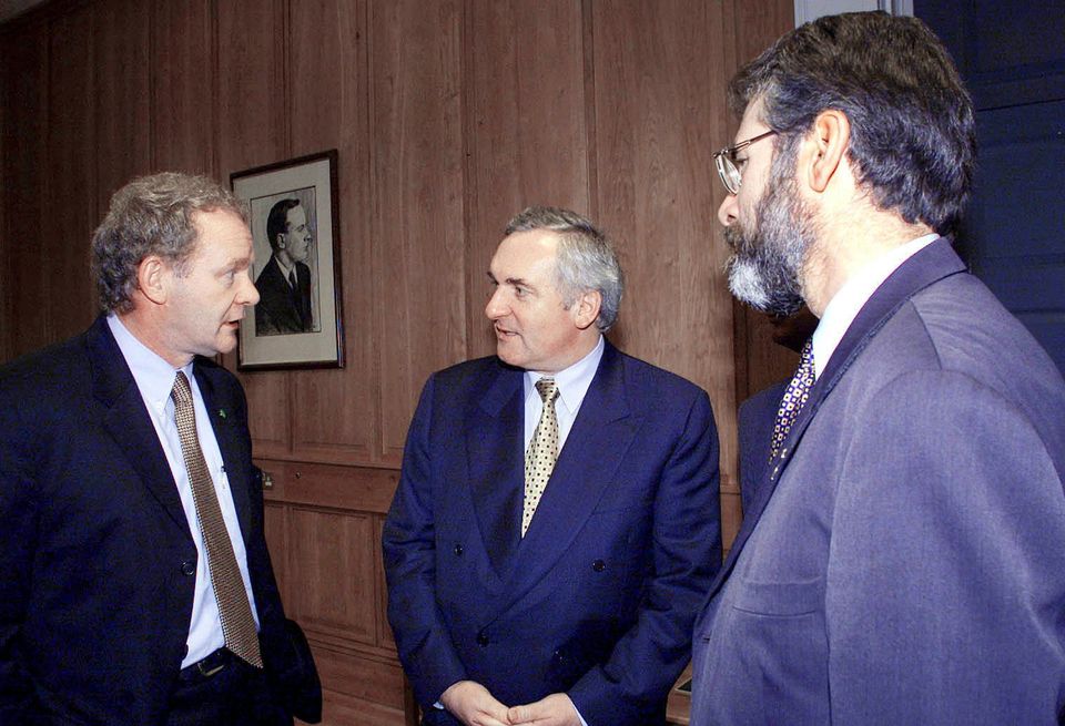 Taoiseach Bertie Ahern with Gerry Adams and Martin McGuinness. PA Photo: Chris Bacon