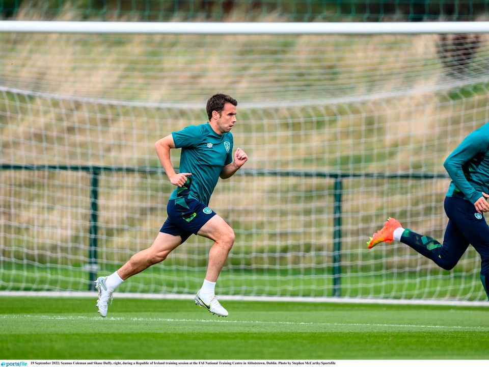 Republic of Ireland's Séamus Coleman and Shane Duffy, right, during a training session at the FAI National Training Centre in Abbotstown, Dublin. Photo: Stephen McCarthy/Sportsfile