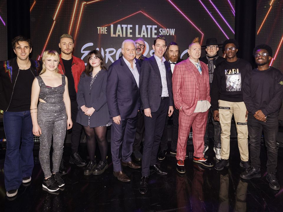 Broadcasters Marty Whelan and Ryan Tubridy (centre) with acts taking part in tonight’s Late Late Show Eurosong, including Wild Youth, ADGY, CONNOLLY, Johnny Lydon and Public Image Ltd, Leila Jane and K Muni & ND. Left: Johnny Lydon. Photo: Andres Poveda