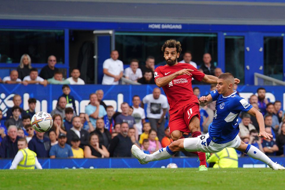 Liverpool's Mohamed Salah attempts a shot on goal during the Premier League match at Goodison Park, Liverpool. Picture date: Saturday September 3, 2022.