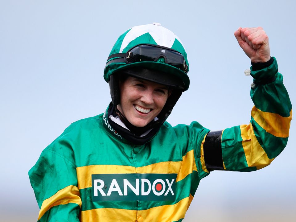 Rachael Blackmore celebrates winning on Minella Times, the Randox Grand National Handicap Chase. (Photo by Tim Goode - Pool/Getty Images)
