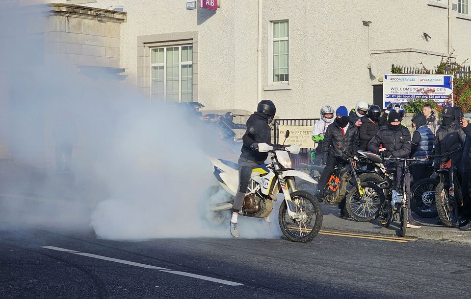 People on motorbikes as the funeral of Brandon Ledwidge took place in St Canice's Church, Finglas. Photo: Collins