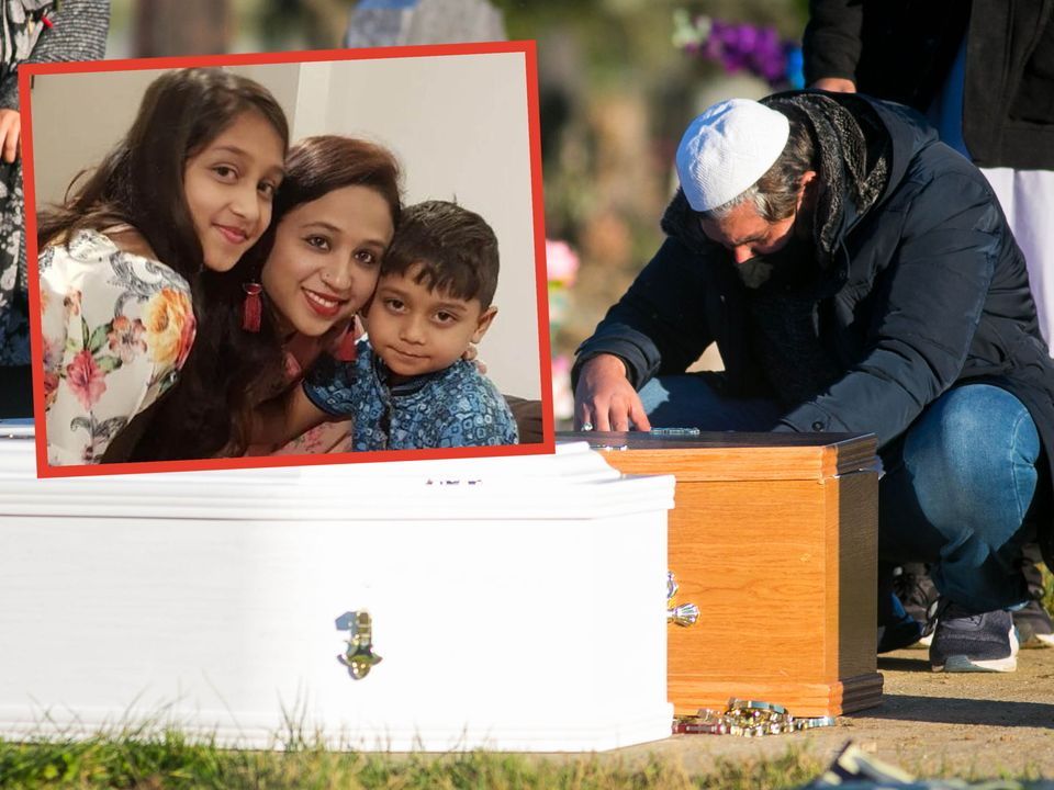 Sameer Syed at the graveside of his murdered wife, Seema Banu, and kids, Asfira Riza and Faisan Syed — © Collins Dublin