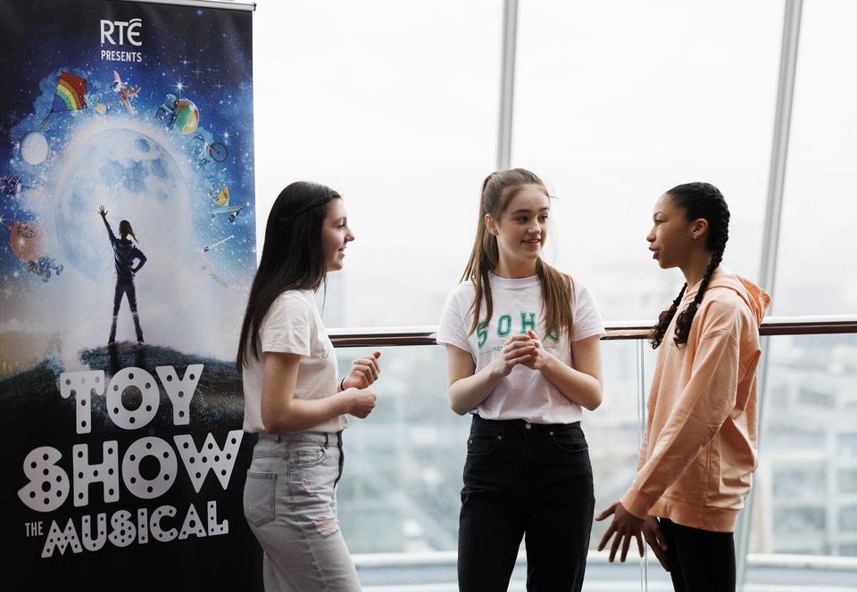 Alannah Prendergast (15) from City West, Holly Dunphy (15) from Ennis Co Clare, and Clodagh Ramsey (14) from Westmeath pictured at Toy Show The Musical auditions for the lead character Nell. TSTM opens in December 2022 at The Convention Centre Dublin for more see RTÉ.ie/toyshowthemusical. Picture Andres Poveda