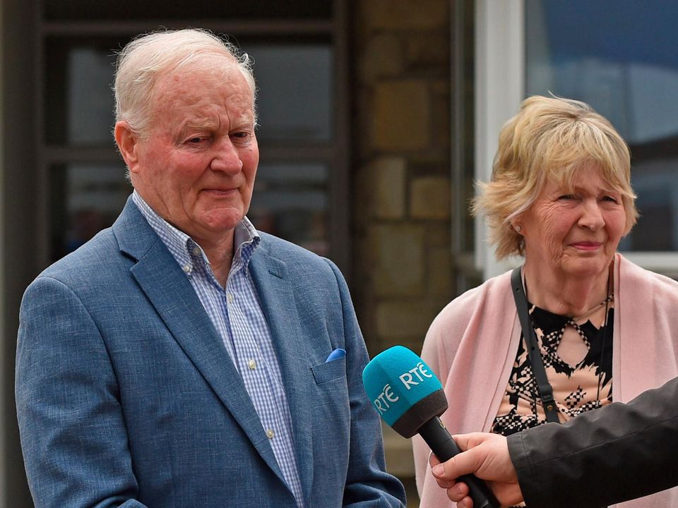 John and Mary Fitzpatrick, the parents of Captain Dara Fitzpatrick speaking to the media at Belmullet Civic Centre, Co Mayo Photo: PA