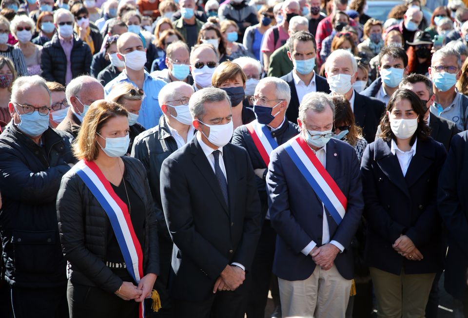 Local officials observed a minute’s silence in Bayonne, southwestern France, in memory of teacher Samuel Paty (Bob Edme/AP)