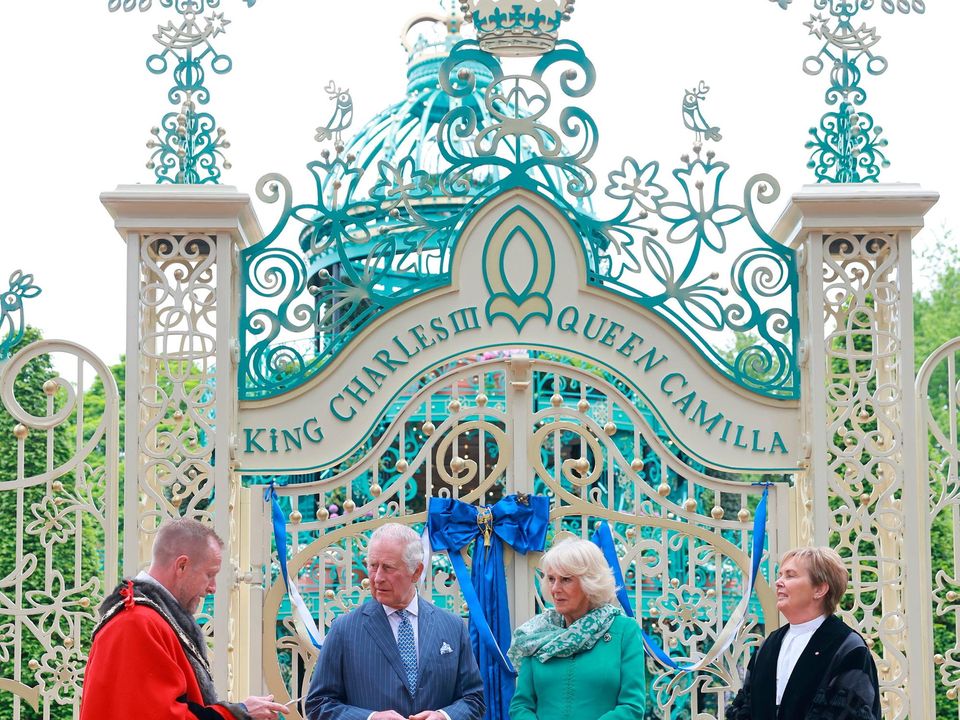 NEWTOWNABBEY, NORTHERN IRELAND - MAY 24: King Charles III and Queen Camilla during a visit to open the new Coronation Garden on day one of their two-day visit to Northern Ireland on May 24, 2023 in Newtownabbey, Northern Ireland. King Charles III and Queen Camilla are visiting Northern Ireland for the first time since their Coronation. Their Majesties will met designers of the Garden and representatives of community and charitable organisations, hearing how the Garden marks the beginning of a new green initiative for the Antrim and Newtownabbey Borough Council. (Photo by Chris Jackson/Getty Images)