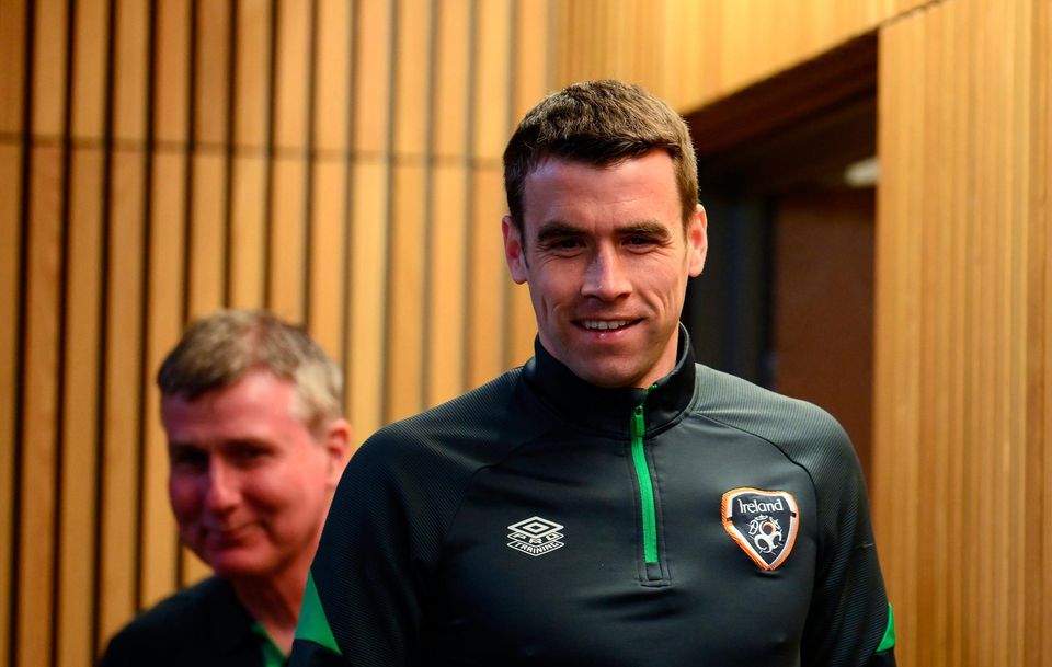 Séamus Coleman (right) and manager Stephen Kenny arrive for a Republic of Ireland press conference at Aviva Stadium in Dublin. Photo: Stephen McCarthy/Sportsfile