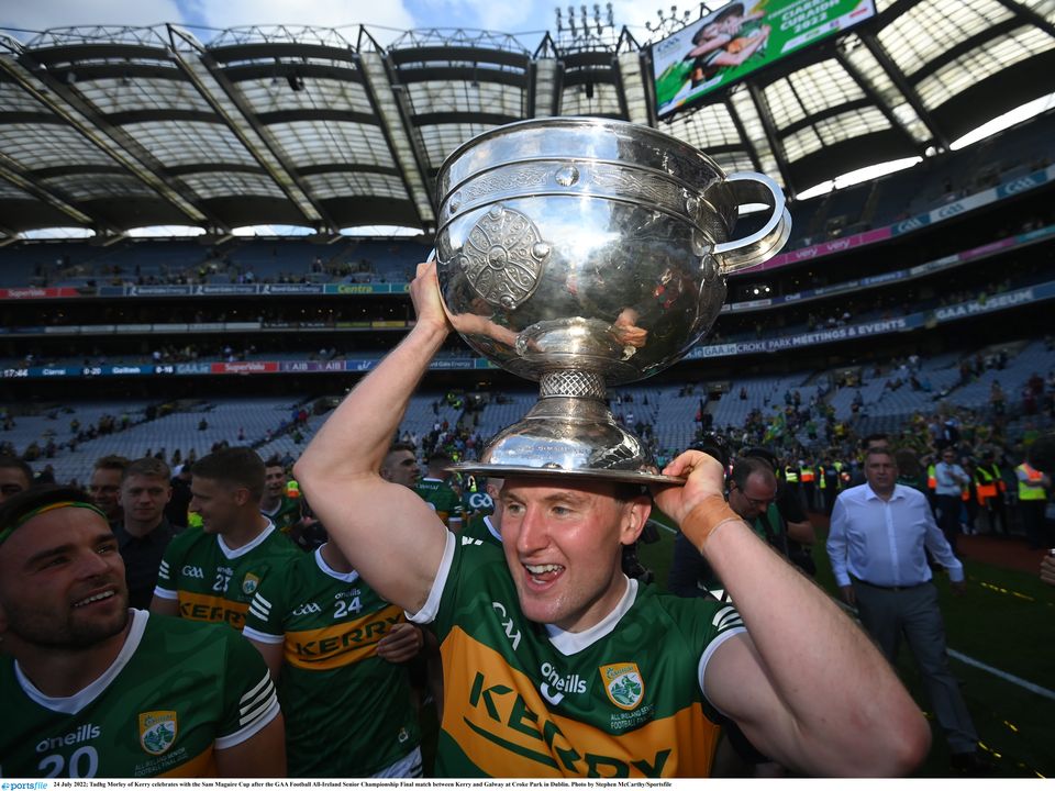 Kerry's Tadhg Morley celebrates with the Sam Maguire Cup after last July's All-Ireland SFC final victory over Galway. Photo: Stephen McCarthy/Sportsfile