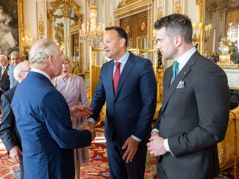 Taoiseach Leo Varadkar and Matt Barrett with King Charles III at reception at Buckingham Palace before the coronation. Photo: Ian Jones