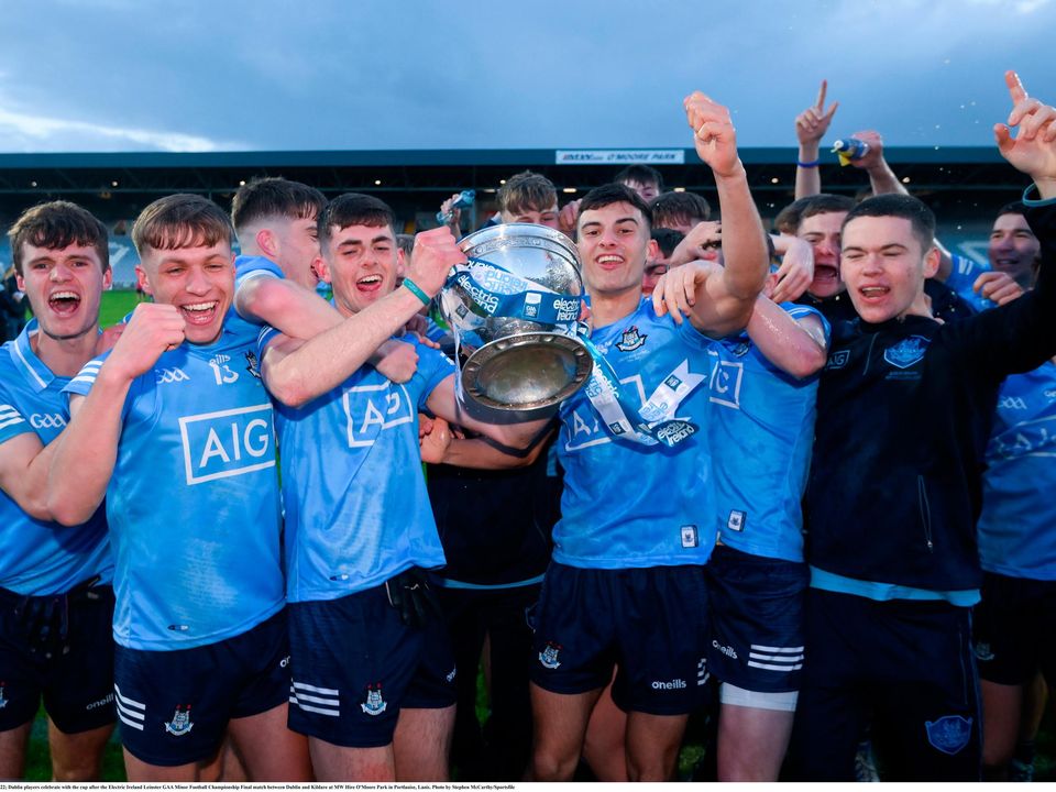 Dublin players celebrate with the cup after their Electric Ireland Leinster Minor Football Championship final win over Kildare at MW Hire O'Moore Park in Portlaoise, Laois. Photo: Stephen McCarthy/Sportsfile