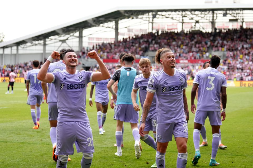 Jack Harrison (left) and Kalvin Phillips celebrate Harrison’s late winner in the 2-1 Leeds victory at Brentford that clinched Premier League safety (John Walton/PA Images).