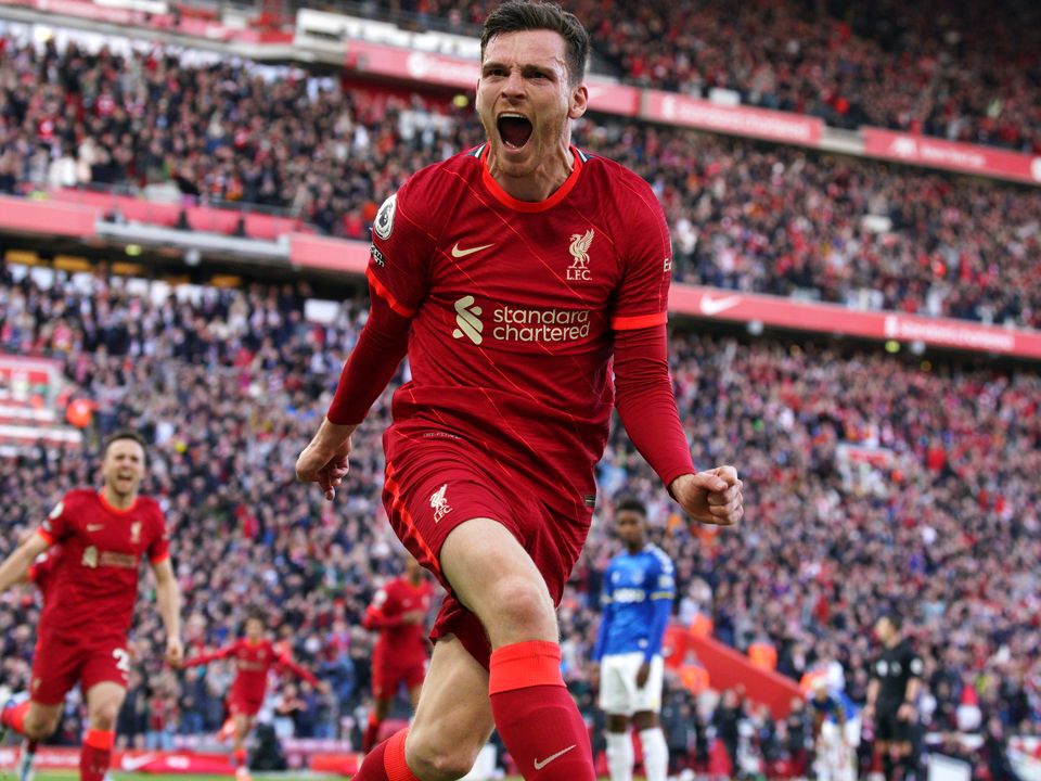 Andy Robertson’s goal finally ended Everton’s resistance at Anfield (Peter Byrne/PA)